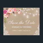 Kraft Jarライ素朴トピンクフローラ日付を保存 案内ポストカード<br><div class="desc">クラフト素朴ストリングライトメイソンジャースレースウォーターカラーピンク赤面フローラ保存日付はがき – 印刷後ろ</div>