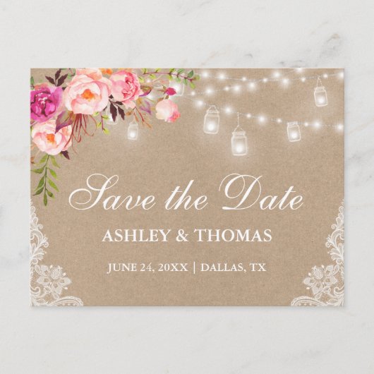 Kraft Jarライ素朴トピンクフローラ日付を保存 案内ポストカード (正面)