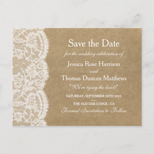 Kraft & Laceのコレクショ結婚ンは日付を保存する 案内ポストカード (正面)