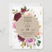 Kraft Moody & Burgundyフローラ素朴フレームと金ゴールド 招待状 (正面)