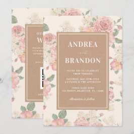 Kraft Vintage Pink Rose Garden QR Code Wedding 招待状