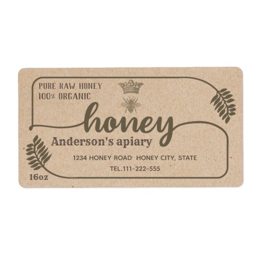 Kraft vintage rustic calligraphy honey branch ラベル (正面)
