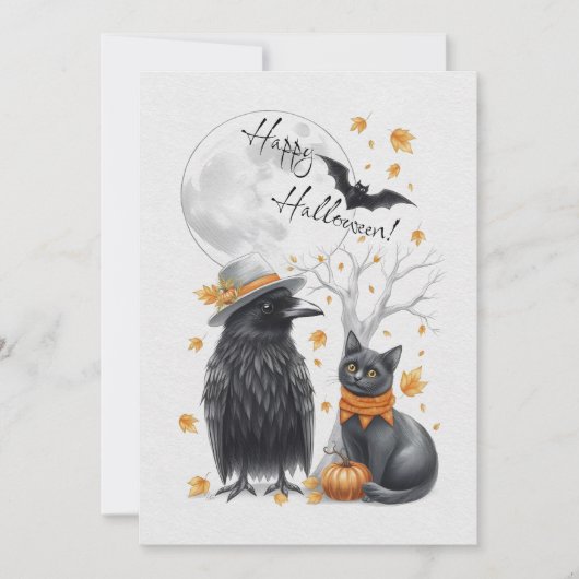 Krähe & Katze Herbst Halloween Karte Grußkarte シーズンカード (正面)