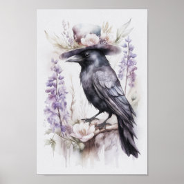 Krähe Rabe Crow mit Hut und Blumen Watercolor ポスター