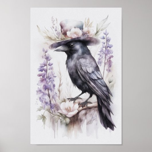 Krähe Rabe Crow mit Hut und Blumen Watercolor ポスター (正面)