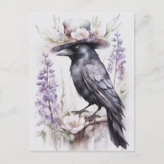 Krähe Rabe Crow mit Hut und Blumen Watercolor ポストカード (正面)