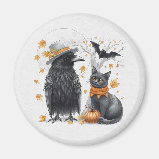 Krähe und Katze Halloween Herbst Crow  マグネット (正面)