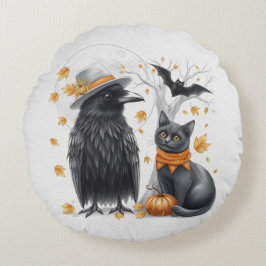 Krähe und Katze Halloween Herbst Crow  ラウンドクッション