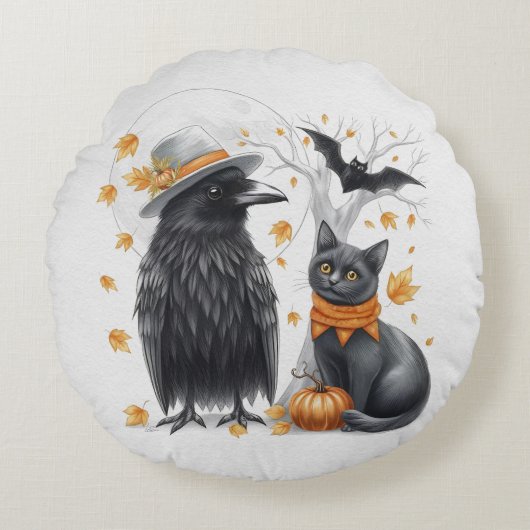 Krähe und Katze Halloween Herbst Crow  ラウンドクッション (正面)