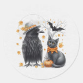 Krähe und Katze Halloween Herbst Crow  ラウンドシール (正面)