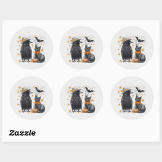 Krähe und Katze Halloween Herbst Crow ラウンドシール