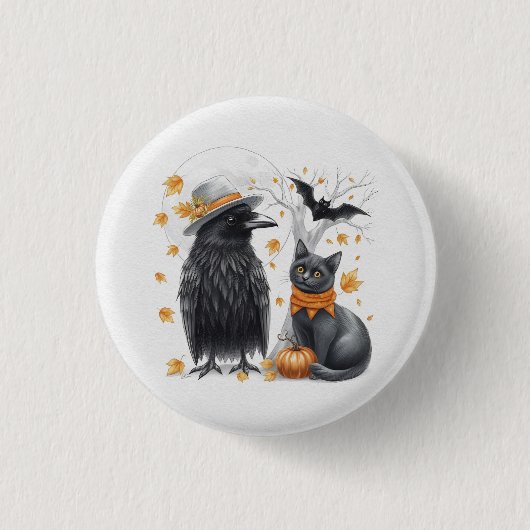 Krähe und Katze Halloween Herbst Crow 缶バッジ (正面)