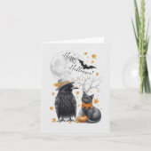 Krähe und Katze Herbst Halloween Crow Grußkarte サンキューカード (正面)