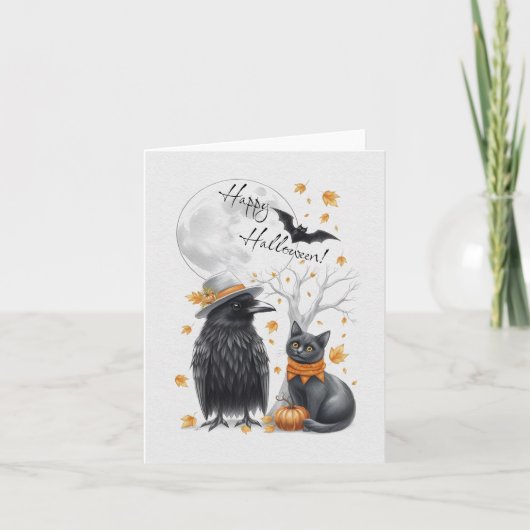 Krähe und Katze Herbst Halloween Crow Grußkarte サンキューカード (正面)