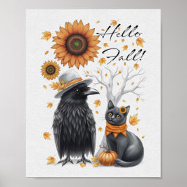 Krähe und Katze Herbst Thanksgiving Crow ポスター
