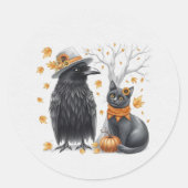 Krähe und Katze Herbst Thanksgiving Crow  ラウンドシール (正面)