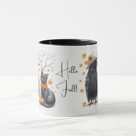 Krähe und Katze im Herbst „Hello Fall“ Crow マグカップ (中央)