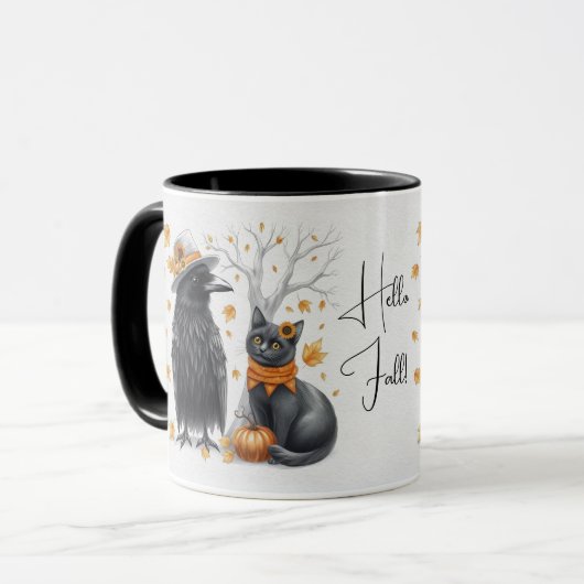 Krähe und Katze im Herbst „Hello Fall“ Crow マグカップ (正面左)