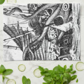 KrakenかタコEatting海賊船、黒または白 キッチンタオル (折り畳み)