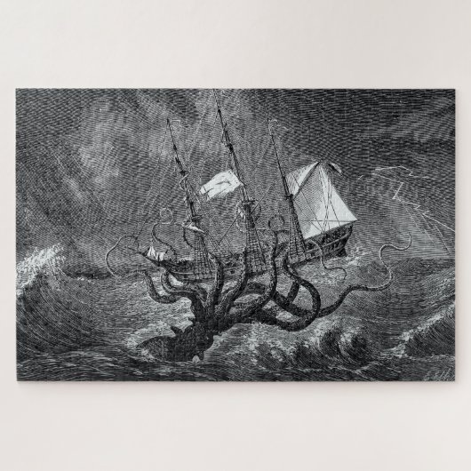 Kraken Attacking Ship vintage etching ジグソーパズル (横)