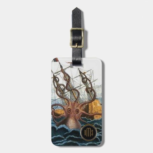 Kraken Steampunkのヴィンテージのタコ3の手紙のモノグラム ラゲッジタグ (正面縦)