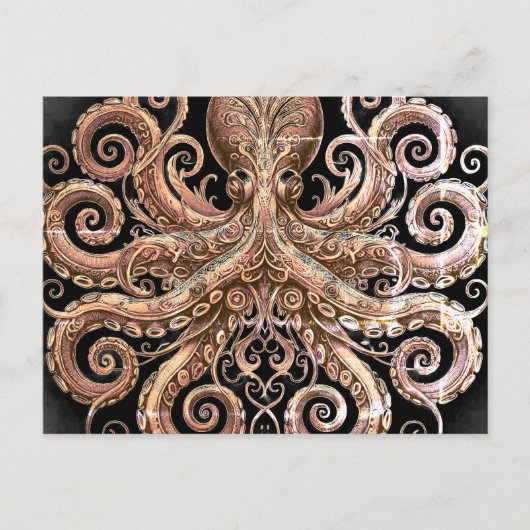 Kraken Steampunk Octopus Ornate Gold Black ポストカード (正面)