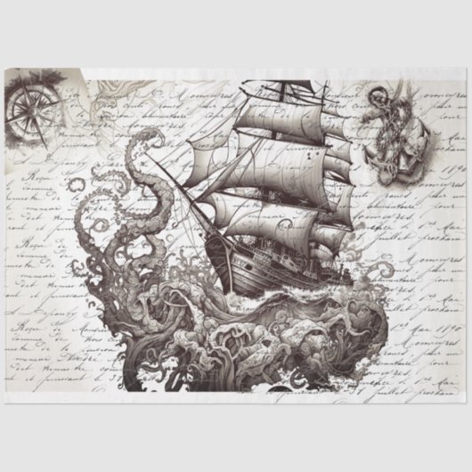 Kraken vs pirate ship nautical theme 薄葉紙 (正面)