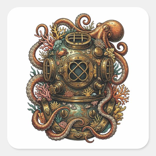 Kraken's Embrace - Vintage Dive Helmet スクエアシール (正面)