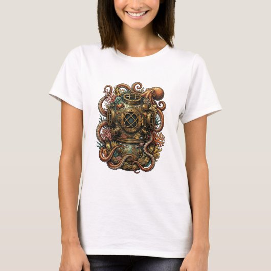 Kraken's Embrace - Vintage Dive Helmet Tシャツ (正面)