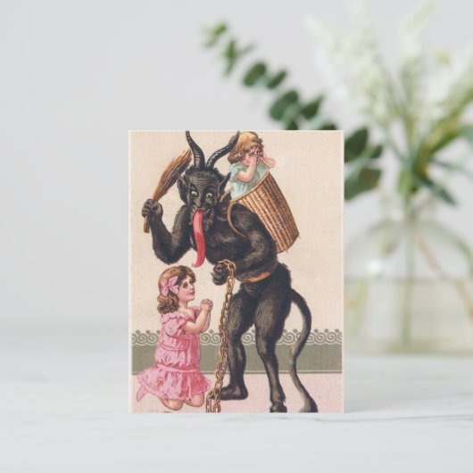 Krampusは子供のヴィンテージの休日のクリスマスを誘拐します シーズンポストカード (スタンド正面)
