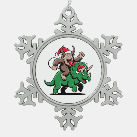 Krampus Riding A Dinosaur Santa Christmas Evil スノーフレークピューターオーナメント (正面)