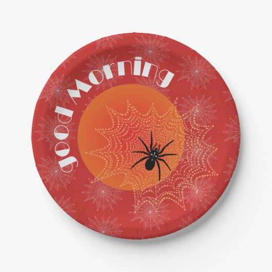 Kreuzspinne im Netz mit Tautropfen wie Perlen ペーパープレート (正面)