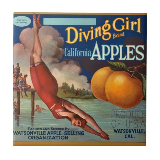 KRWのヴィンテージの潜水の女の子のAppleのフルーツの木枠のラベル タイル (正面)