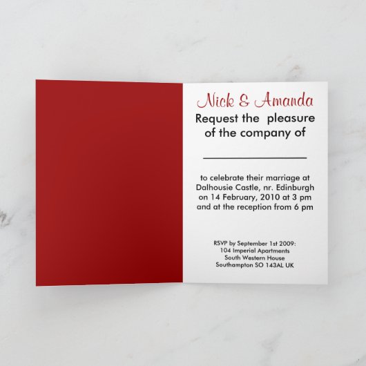 KRWの様式化された赤いハートのカスタムの結婚式招待状 招待状 (内部)