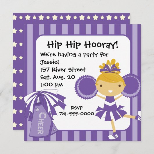 KRWパープルチアリーダー誕生日パーティーの招待 招待状 (正面/裏面)