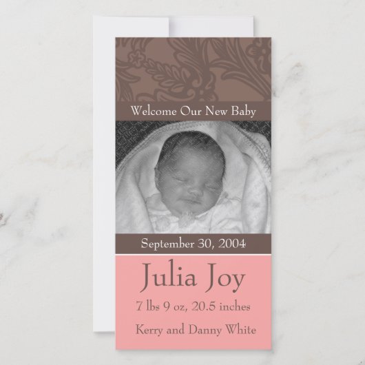 KRWピンクエレガント色カスタム写真誕生のお知らせ 案内状 (正面)