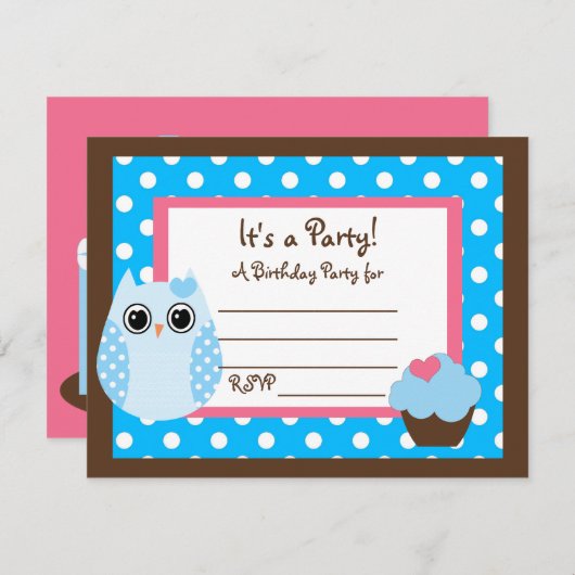 KRWブラウン&ブルー水玉模様フクロウ空白のパーティー招待状 招待状 (正面/裏面)