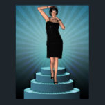 KRWリッツデコフラッパーを着る ポスター<br><div class="desc">KRWリッツデコフラッパーデザイン。ブルーのクラシックアートデコの背景に羽と真珠で飾られた黒いサテンのフリンジドレスの美しいブルネットのフラッパー。Roaring 20のファンに最適。</div>