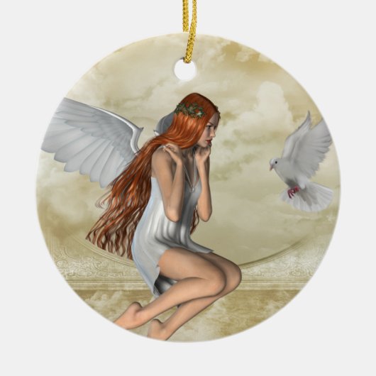 KRW天使および鳩の感動的なオーナメント セラミックオーナメント (正面)