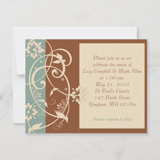KRW BrownモダンとBlueフローラ結婚ズ 招待状 (正面)