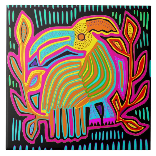 Kuna Indian Mola Parrot Ceramic Tile タイル (正面)
