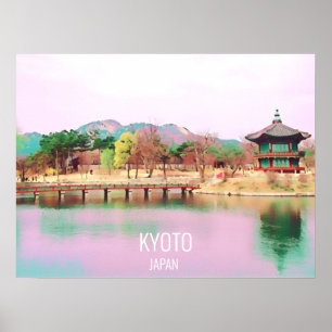 Kyoto Japan bridge with shrine travel print ポスター