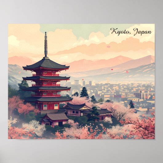 Kyoto Japan Cherry Blossom Temple Art – Sapura ポスター (正面)