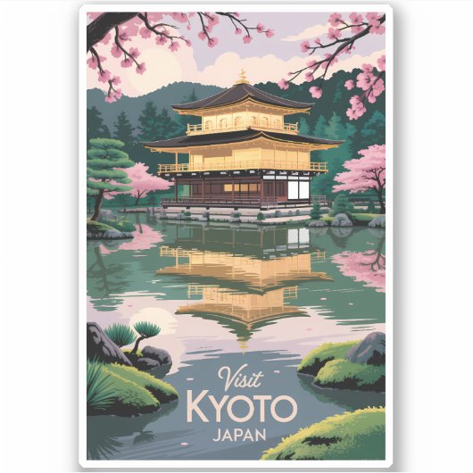 Kyoto Japan Kinkaku-ji Illustration Travel Art Vin シール (正面)