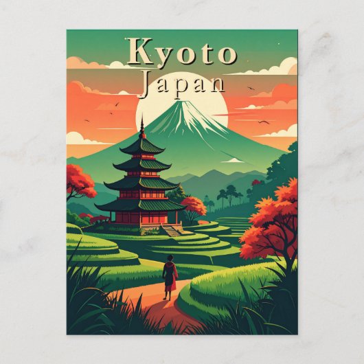 Kyoto Japan Retro Pagoda Mount Fuji Landscape ポストカード (正面)