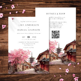 Kyoto Japan Watercolor QR Code Wedding 招待状