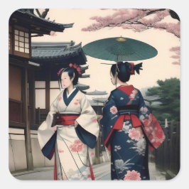 Kyoto Spring Walk Kimono Sticker スクエアシール