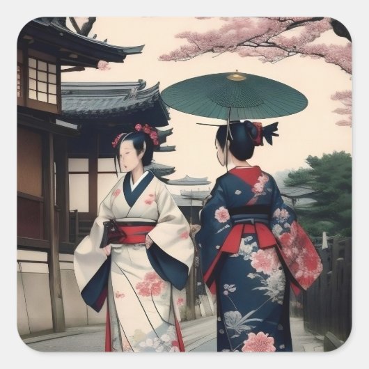 Kyoto Spring Walk Kimono Sticker スクエアシール (正面)