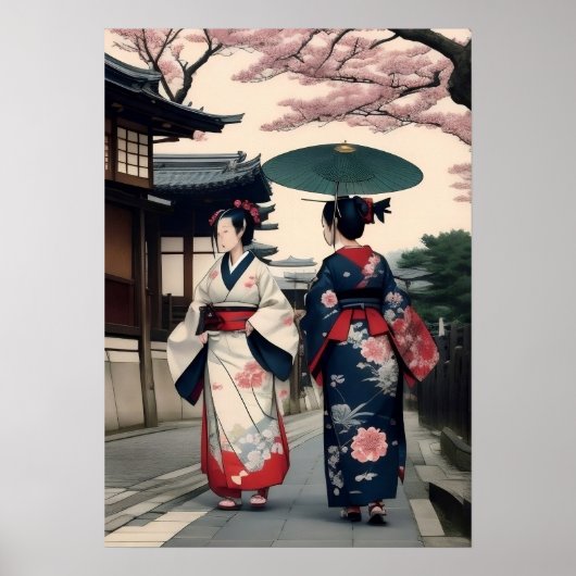 Kyoto Spring Walk Wall Art – Kimono Scene ポスター (正面)