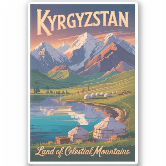 Kyrgyzstan Mountains Illustration Travel Art Vinta シール (正面)